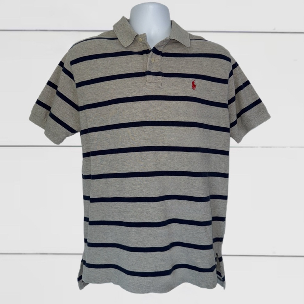 Vintage Y2K Polo Ralph Lauren Striped Polo Shirt Gray Navy Red Pony Size Large